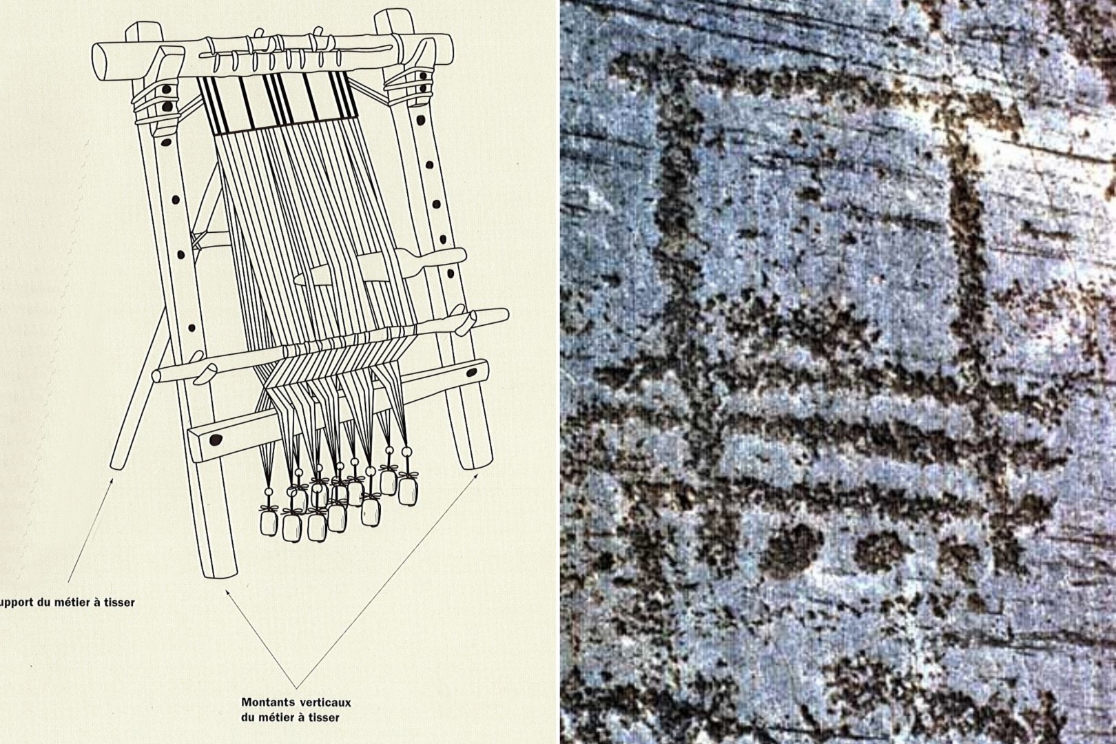 Links: tekening weefgetouw bronstijd © Erik Gallouin, Inrap - rechts: ingekraste tekening van een weefgetouw uit de bronstijd op een rots in Val Camonica (Italië) © photo AA, Footsteps of Man 